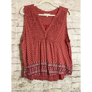 Lucky Brand Boho Top Womens Large Dark Salmon Micro Floral Hippie Pleated Cotton